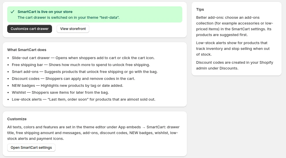 SmartCart admin home showing that the cart drawer is live