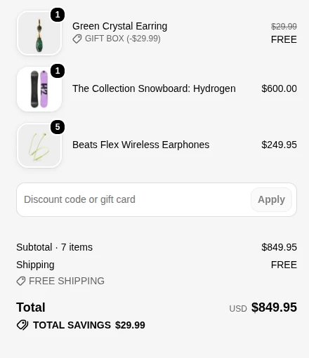Shopify checkout showing a free gift, free shipping and total savings