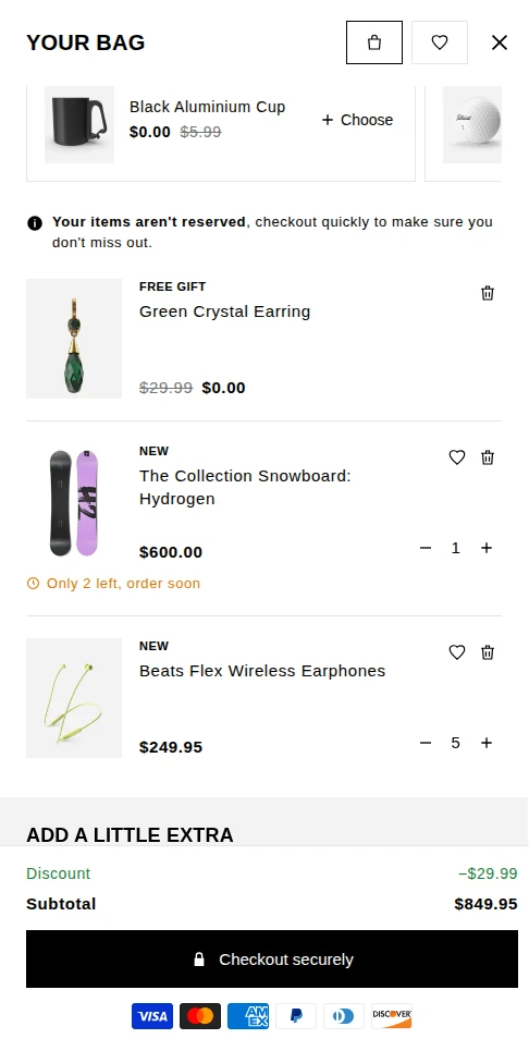 SmartCart drawer with a free gift, gift choices, a low-stock alert and a discount
