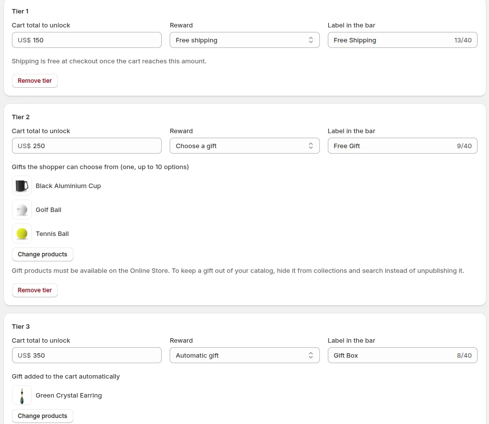 SmartCart Rewards page with three tiers and chosen gift products